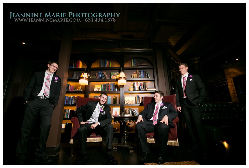 Le Méridien Chambers, library, groomsmen, groomsmen poses, Minneapolis hotel wedding