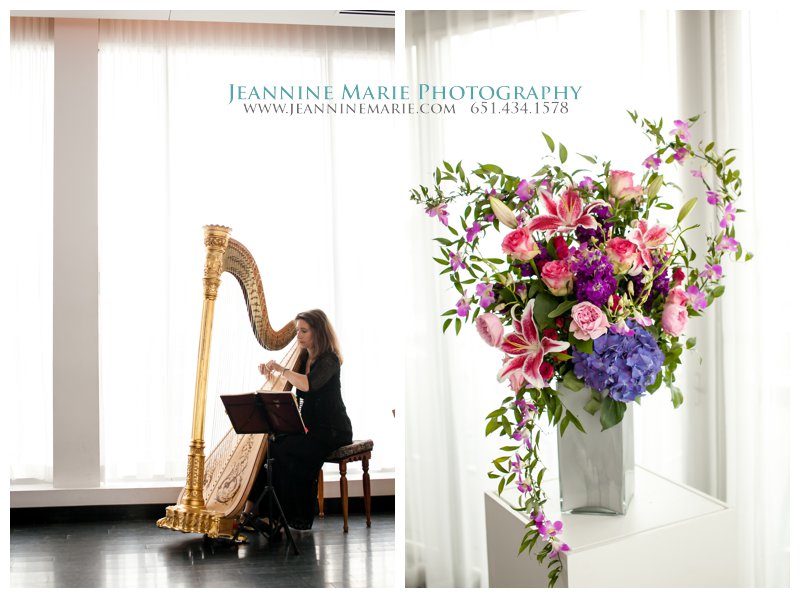 Le Méridien Chambers, Minneapolis hotel wedding, flowers, harpist, wedding music