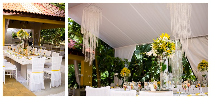Dominican Republic Wedding, white and yellow wedding, head table, centerpieces, tropical wedding, destination wedding, chandelier, Dominican Republic