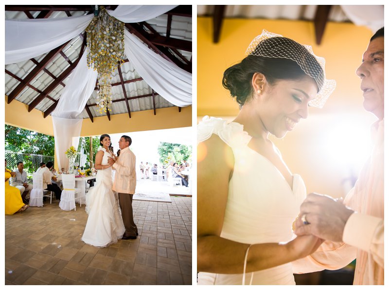 Dominican Republic Wedding, bride, father daughter dance, birdcage veil, chandelier, ceiling draping, wedding, reception