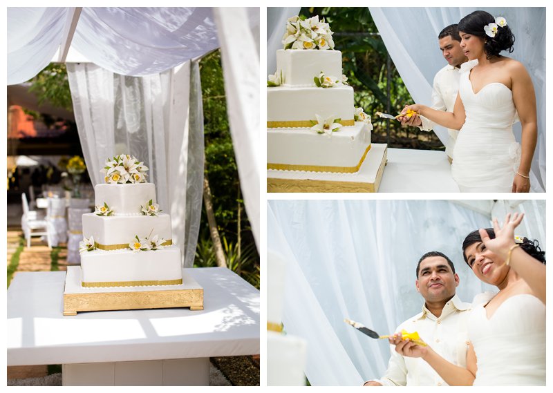 Dominican Republic Wedding, cake, wedding, wedding cake, yellow and white wedding, gold and white cake, bride, groom