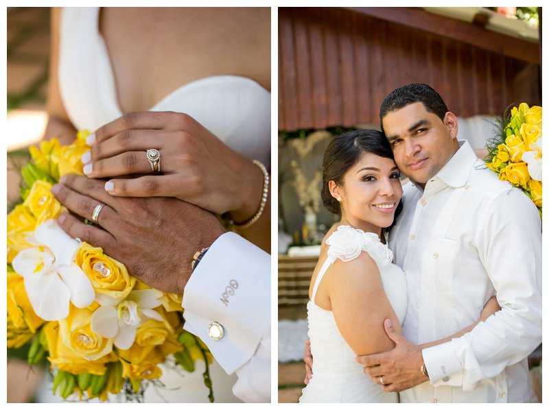 Dominican Republic Wedding, yellow and white wedding, rings, ring shot, bridal bouquet, flowers, wedding, reception