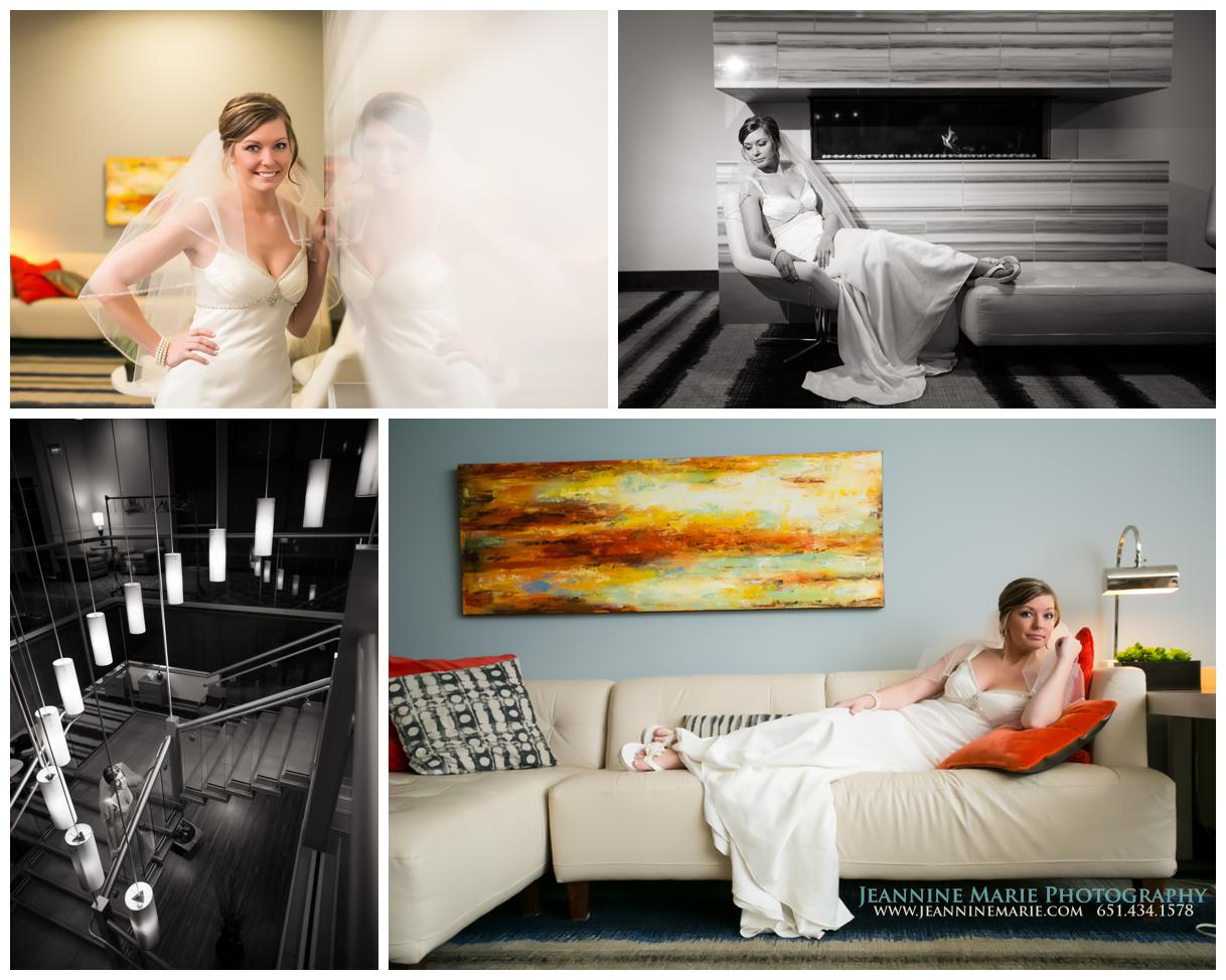 hotel wedding, Minneapolis weddings, bride, bridal portraits, staircase, paintings, couch, Jeannine Marie Photography, Ramada Minneapolis Wedding, Minnesota Wedding Photographer, minneapolis hotel weddings
