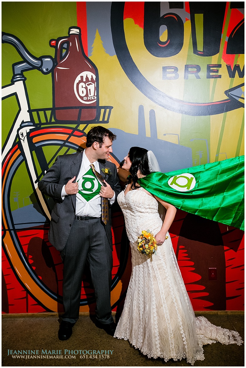 superhero wedding, super hero capes, Green Lantern wedding, 612Brew, Minneapolis wedding venues, brewery wedding, Twin Cities wedding photographer, Jeannine Marie Photography_0528