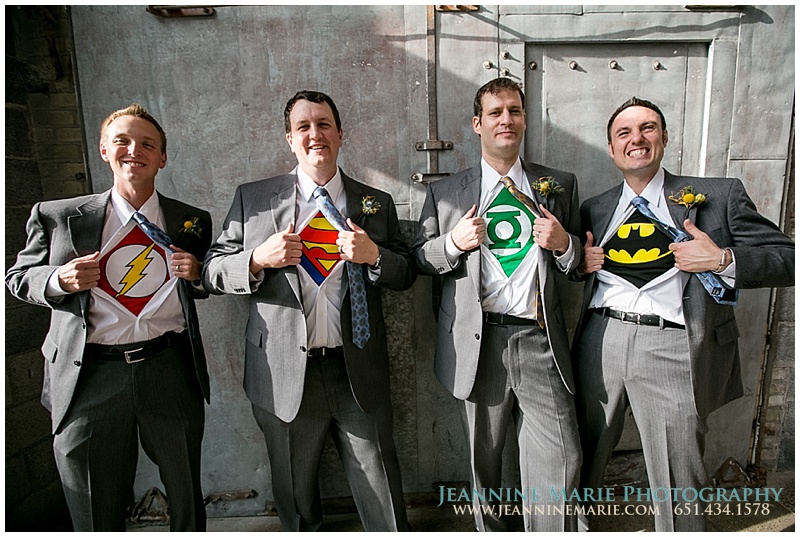 superhero wedding, superhero shirts under suits, groomsmen poses, 612Brew, Minneapolis wedding venues, brewery wedding, Twin Cities wedding photographer, Jeannine Marie Photography_0527