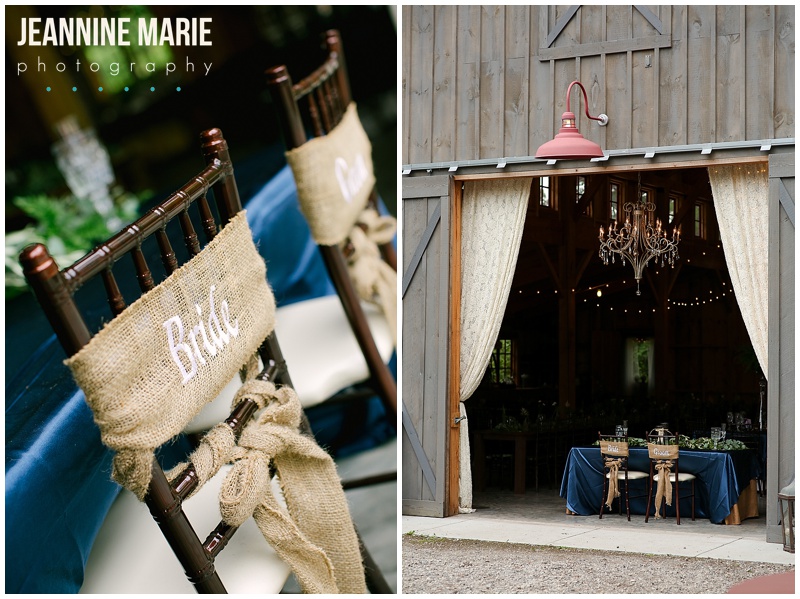 head table, bride, groom, chair signs, chandelier, barn, wedding reception, BWB Ranch