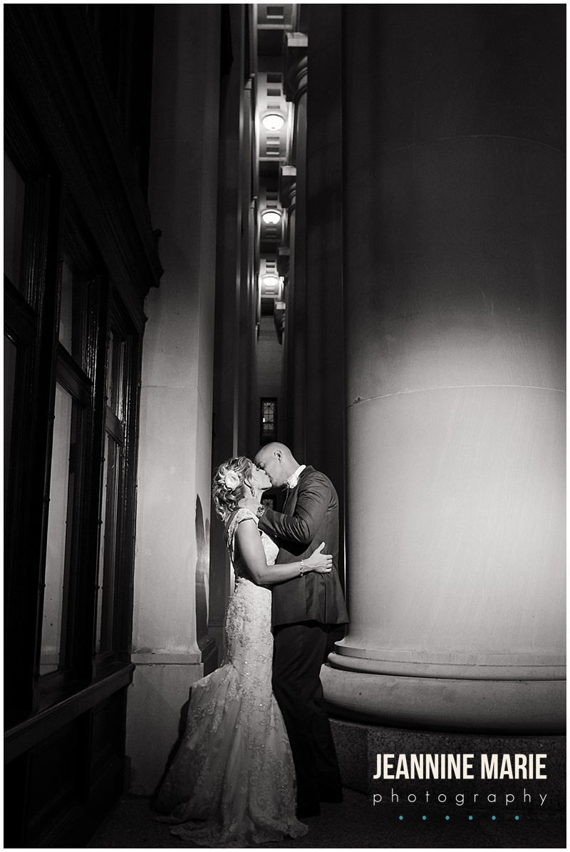 Christos Union Depot, bride, groom, kiss, pillars, portraits, wedding