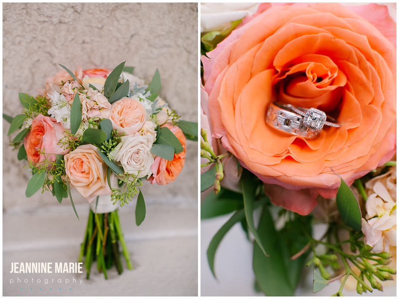 Minnesota Boat Club, European Floral, bridal bouquet, rings, orange, pink, white, flowers, floral, wedding, rings