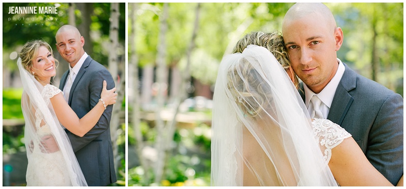 bride, groom, portraits, wedding photos, lace dress, gray suit, outdoors, park, St. Paul