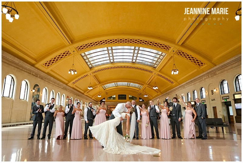 Union Depot, bridal party, portraits, poses, bridesmaids, groomsmen, gray suits, long pink bridesmaids dresses, bride, groom, kiss