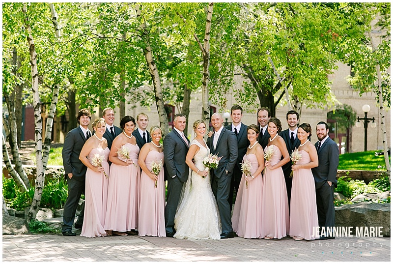 bridal party, groomsmen, bridesmaids, portraits, poses, pink bridesmaids dresses, pink boutonnieres, bridesmaids bouquets, St. Paul