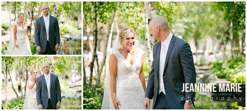 bride, groom, first look, lace wedding gown, St. Paul park
