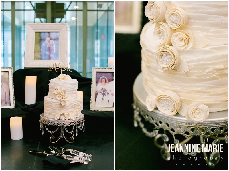 cake, wedding cake, white cake, frosting petals, cake stand, wedding photos, family photos