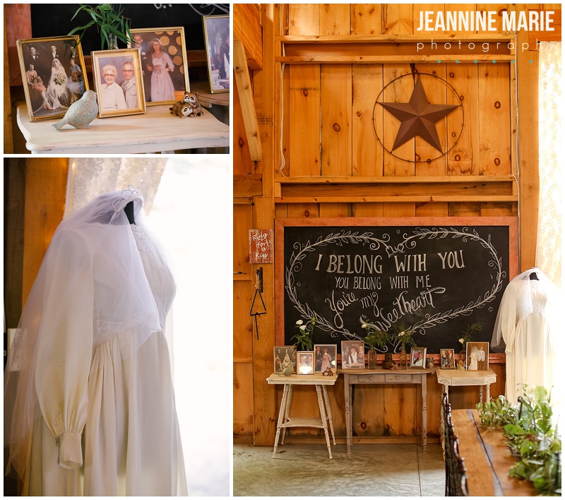 wedding memorial table, vintage wedding gown, family photos, in loving memory, BWB Ranch