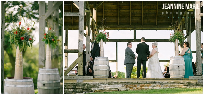 Cannon River Winery, wedding, ceremony, outdoor, outside, barrels, floral, flowers, decor, decorations, bride, groom, vows