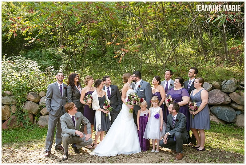 Edgewood Farm, bridal party, poses, group, bridesmaids, groomsmen, flower girls, purple and gray wedding, trees, barn wedding