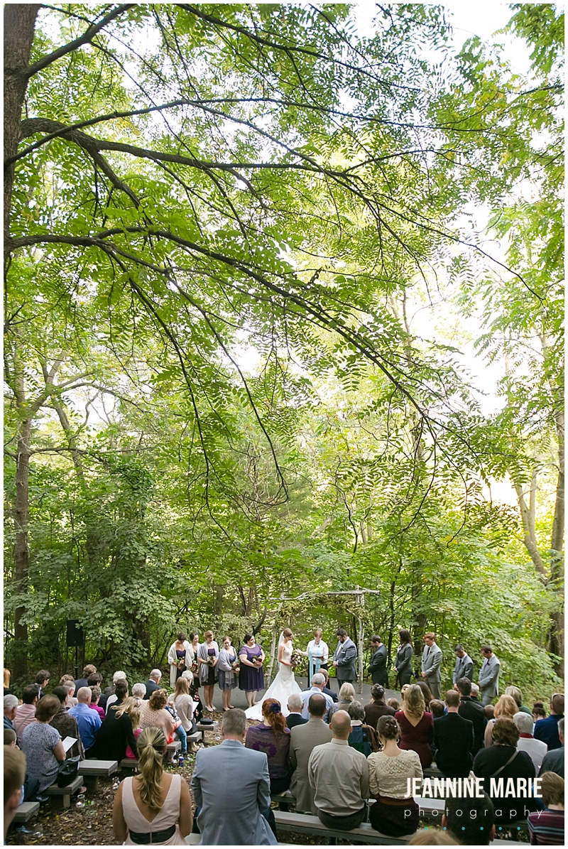 Edgewood Farm, outdoor ceremony, wedding, ceremony, trees, benches, guests, bride, groom, vows