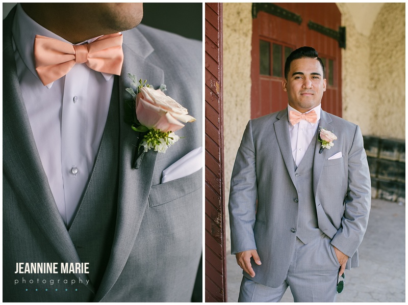 Minnesota Boat Club, European Floral, groom, boutonniere, peach bow tie, bow tie, gray suit