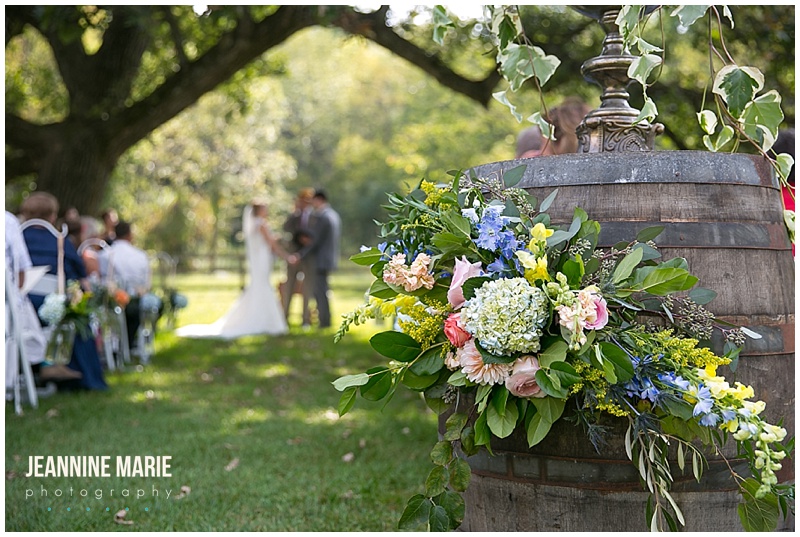 Mayowood Stone Barn, wedding, outdoors, outside, ceremony, decor, decorations, barrel, flowers, floral, bride, groom