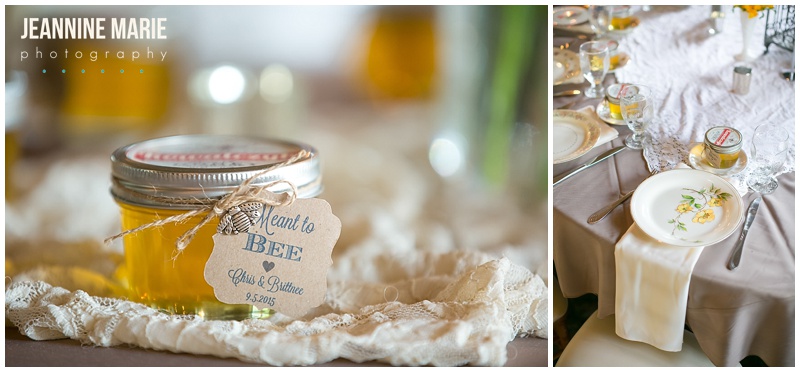 Mayowood Stone Barn, wedding, indoor, reception, lace, honey, jars, guest favors, plates, settings, guest tables, decor, decorations