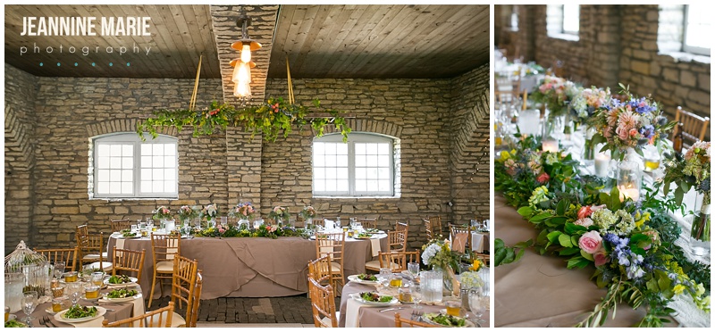 Mayowood Stone Barn, wedding, reception, indoor, head table, inspiration, decor, decoration, flowers, floral, garland, candles, vases