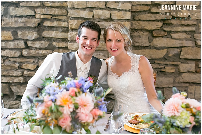 Mayowood Stone Barn, bride, groom, indoor, reception, wedding, head table, decor, flowers, floral