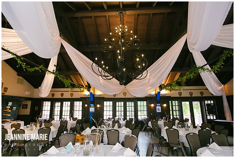 Minnesota Boat Club, wedding, wedding reception, We've Got It Covered, ceiling draping, chandelier, tables, guest tables, centerpieces, decorations, decor, wedding inspiration