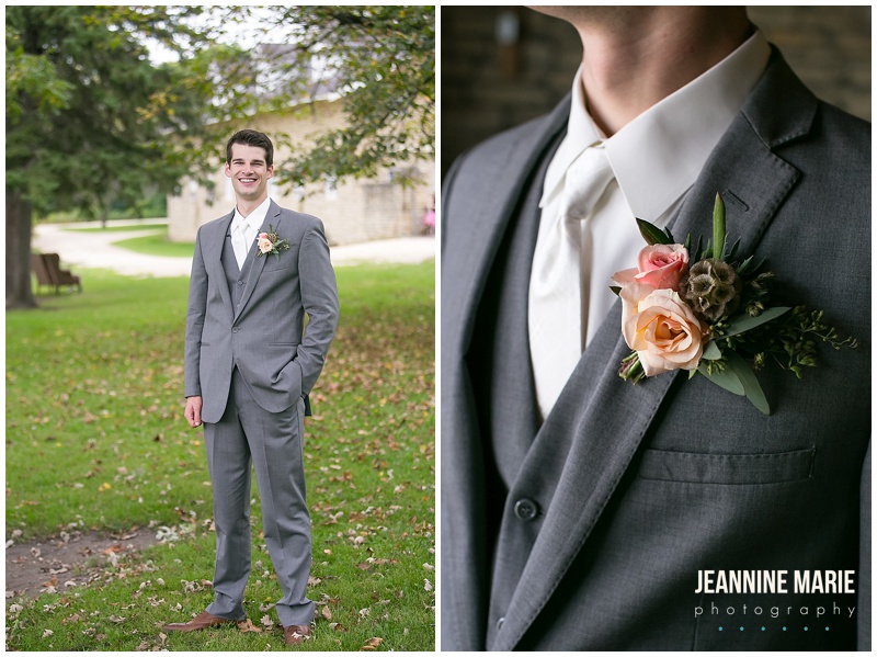 Mayowood Stone Barn, groom, gray suit, boutonniere, orange, pink, peach, flowers, floral, wedding, Modern Designs & Concepts