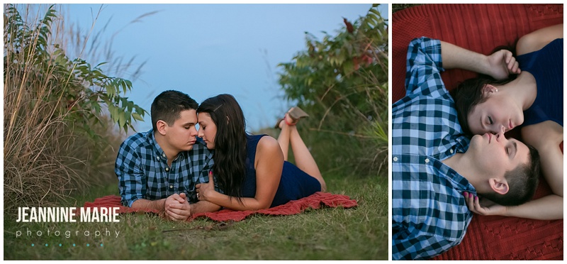 engagement session, couple, blanket, blue dress, plaid shirt, what to wear for engagement