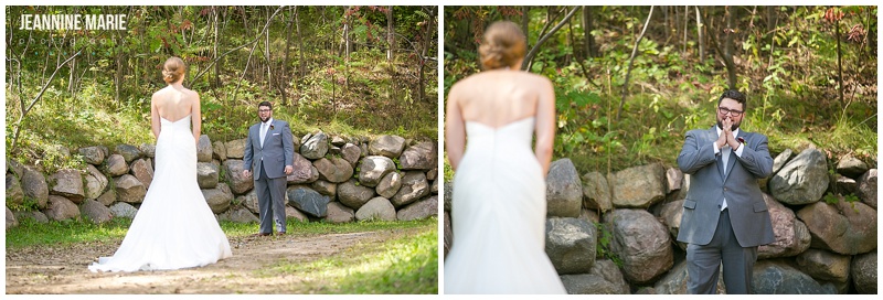 Wedding gown, first look, Edgewood Farm, outside, bride, groom