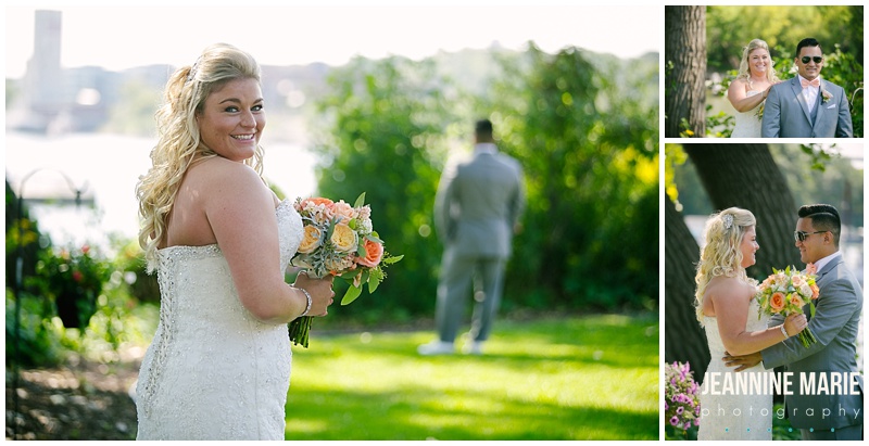 Minnesota Boat Club, outside, trees, grass, bride, groom, bridal bouquet, first look