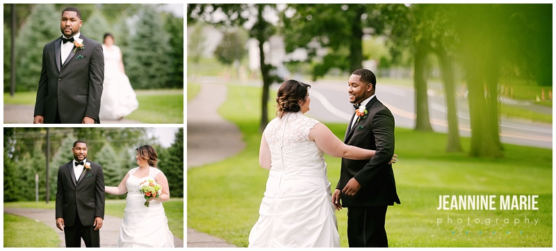 first look, bride, groom, park, outdoors, outside, trees, green