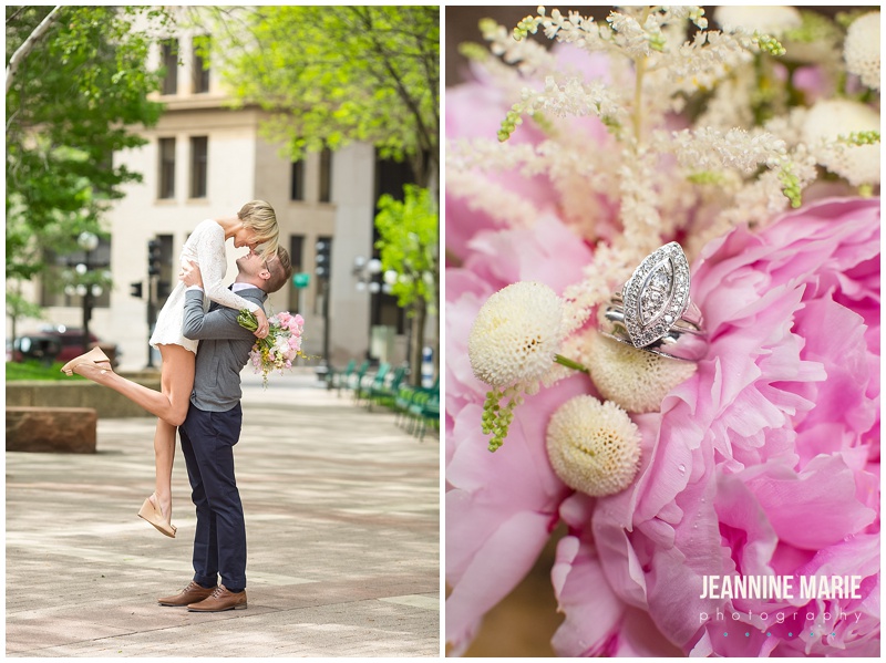 413 on Wacouta, ring, ring shot, flowers, bridal bouquet, bride, groom, romper, cardigan, casual wedding