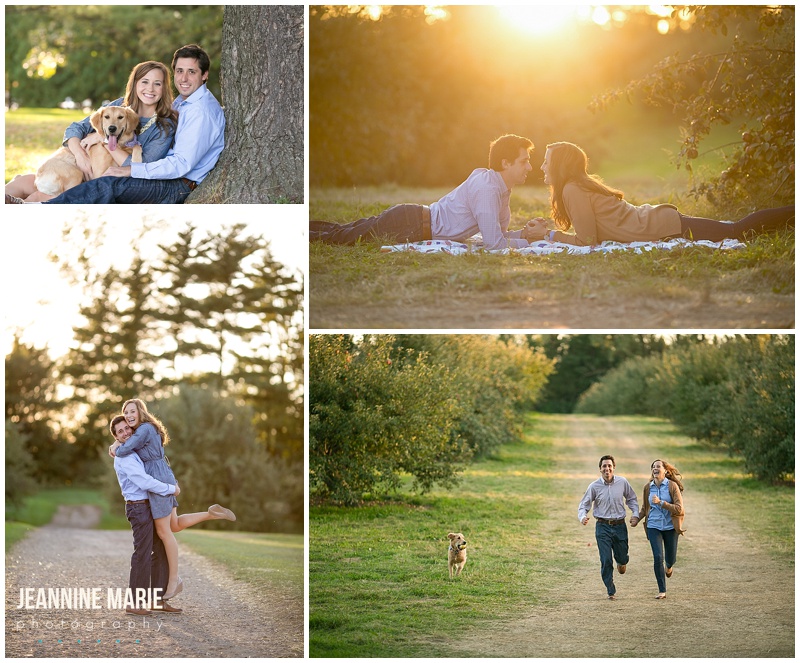 Aamodt's Apple Orchard, engagement session, engagement photos, sunset, sunlight, dog, tree, running, picnic blanket