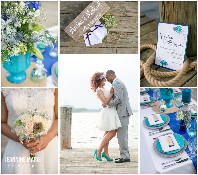 Bayview Event Center, lake, wedding, blue wedding, bride, groom, poses, bridal bouquet, centerpieces, first fight box, place settings, invitations, stationery, plates