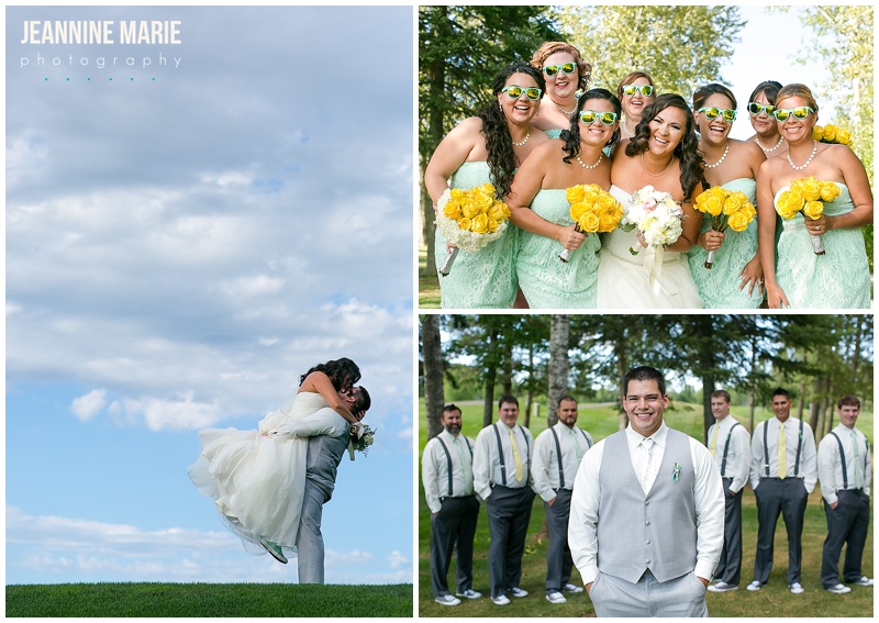 Black Bear Golf Club, bride, groom, sky, grass, bridesmaids, turquoise bridesmaids dresses, yellow flowers, bridesmaids bouquets, groomsmen, gray suits, yellow and turquoise wedding