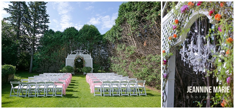 Cedarhurst Mansion, ceremony site, wedding, chairs, arch, chandelier, flowers, decor, ceremony decorations