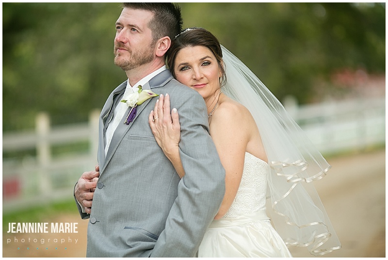 Hope Glen Farm, bride, groom, wedding dress, veil, bridal gown, gray suit, purple, white, boutonniere, fall wedding
