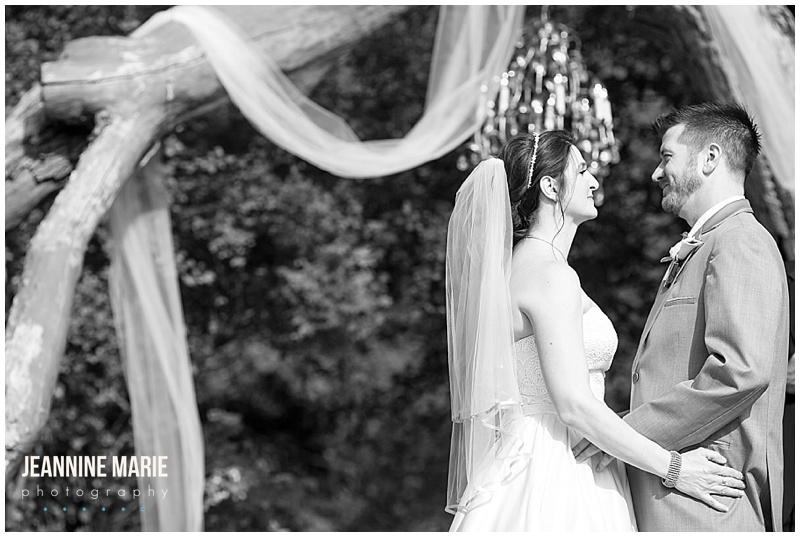 black and white photo, Hope Glen Farm, bride, groom, Willow tree, draping, chandelier, wedding, outdoor weddings, vows
