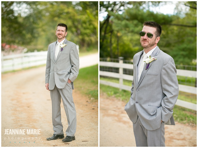 groom, portraits, gray suit, sunglasses, boutonniere, wedding, Hope Glen Farm