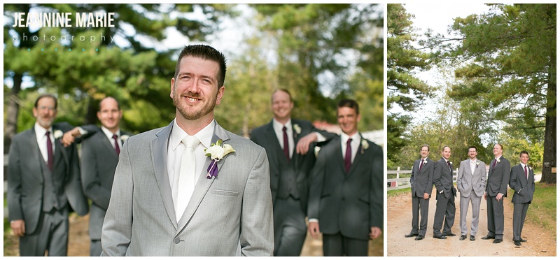 Hope Glen Farm, groomsmen, groom, gray suits, purple, white, boutonniere, fall weddings, weddings