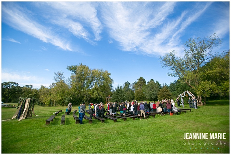 Hope Glen Farm, outdoor wedding, wedding ceremony, wedding, blue sky, green grass, benches, guests, Willow tree, draping, chandelier