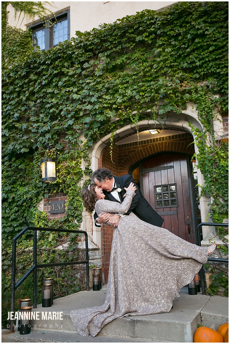 University of St. Paul Club, bride, groom, dip, outside, greenery, door, building