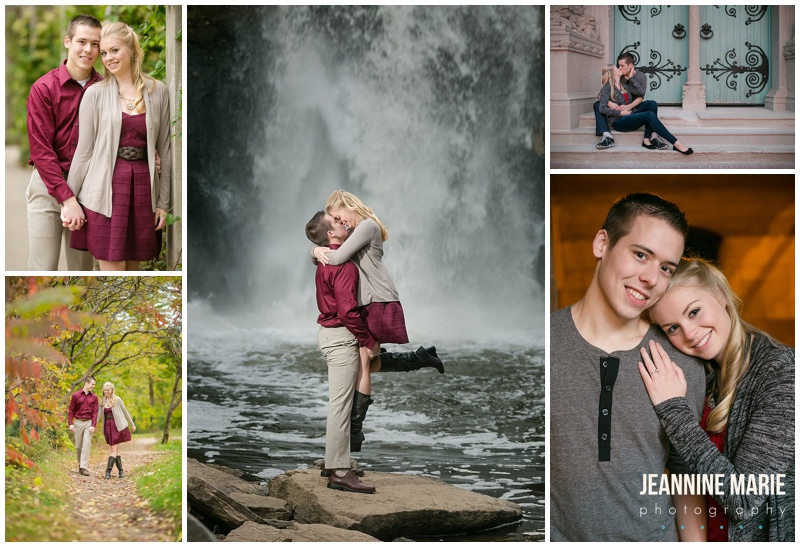 Our Lady of Victory Chapel, Minnehaha Falls, waterfall, couple, poses, fall engagement, engagement photos, church, steps, walk, kiss