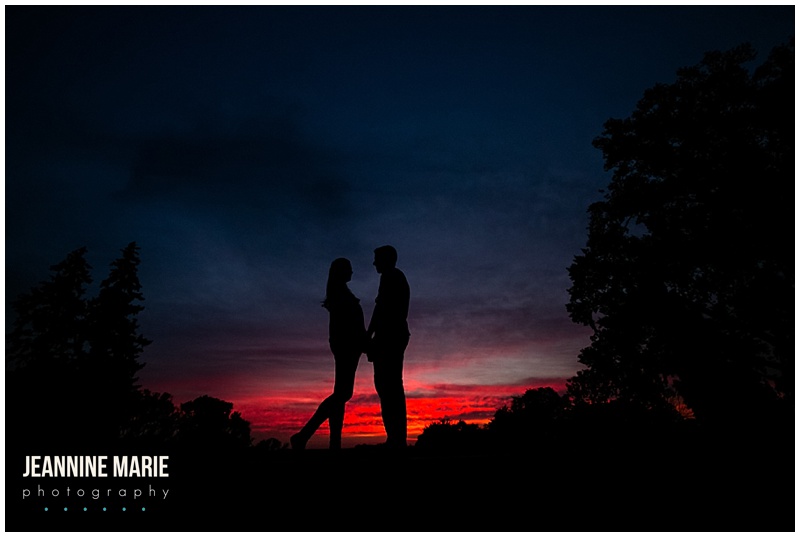 Lady of Victory Chapel, Minnehaha Falls, engagement session, engagement photos, couple, poses, silhouettes, sunset, red, blue, black, sky