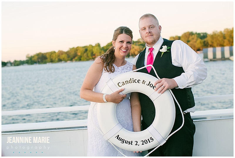 Lake Minnetonka, Al & Alma's Charter Cruises, bride, groom, portraits, lake, life preserver, pink and black wedding
