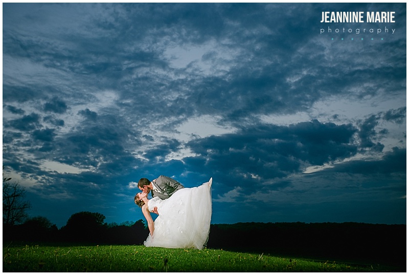Mayowood Stone Barn, bride, groom, couple, poses, dip, kiss, blue sky, grass, clouds, night