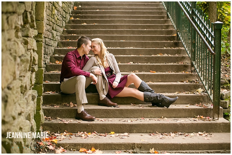 Minnehaha Falls, stairs, couple, engagement session, engaged, cranberry, tan, fall colors