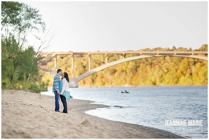 Minnehaha Falls, lake, beach, bridge, fall colors, fall engagement, engagement photos