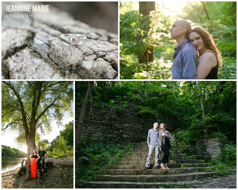 Minnehaha Falls, engagement photos, engagement session, couple, poses, trees, nature, steps, ring, ring shot, trees